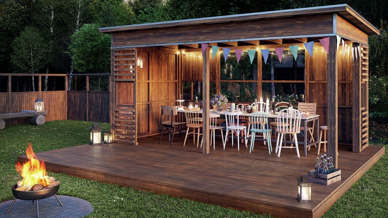 Frittstående hagestue pyntet til fest.