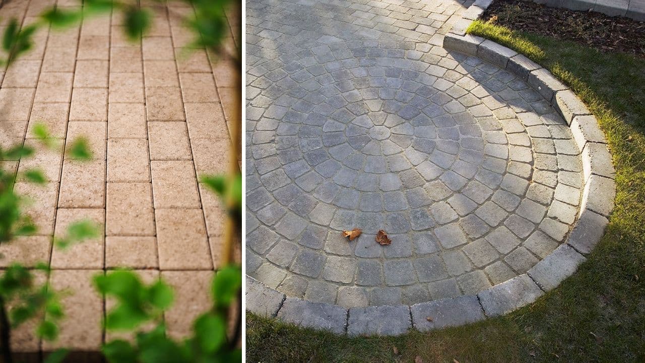 Belegningsstein lagt i havsteinsmønster og belegningsstein lagt i sirkel.