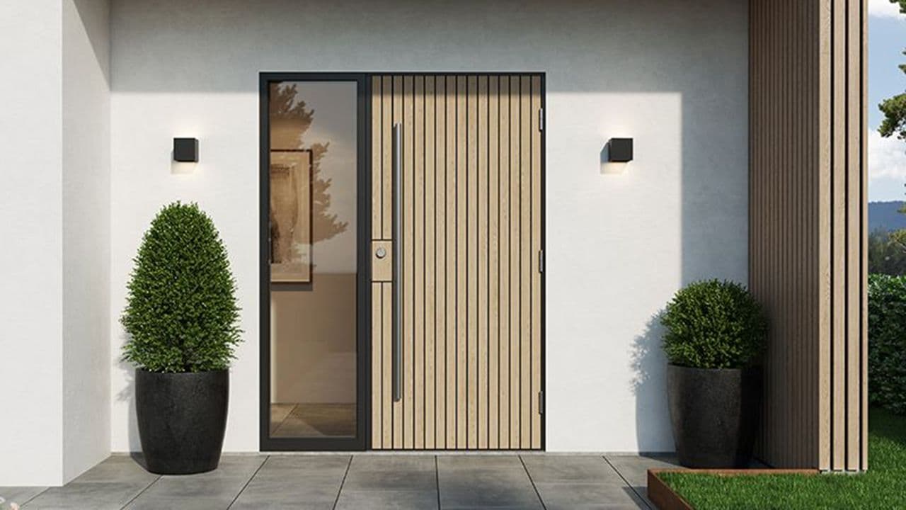 Ytterdør eik med glassfelt på moderne hvitt murhus for ytterdør inspirasjon.