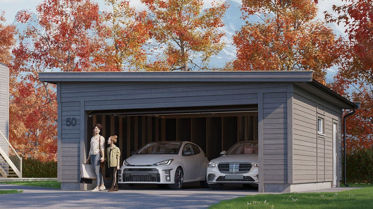 Saltdalsgarasjen dobbel garasje med flatt tak.