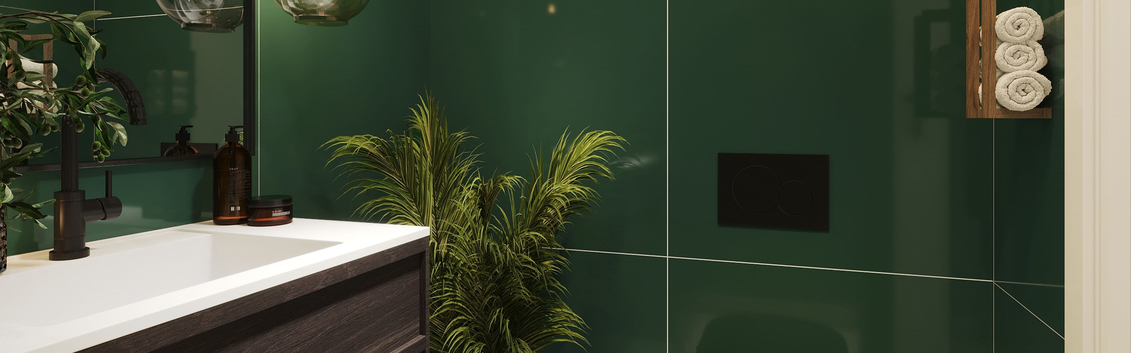 Detaljbilde av baderom med baderomsplater i mørk grønn og baderomsinnredning i mørkt treverk.