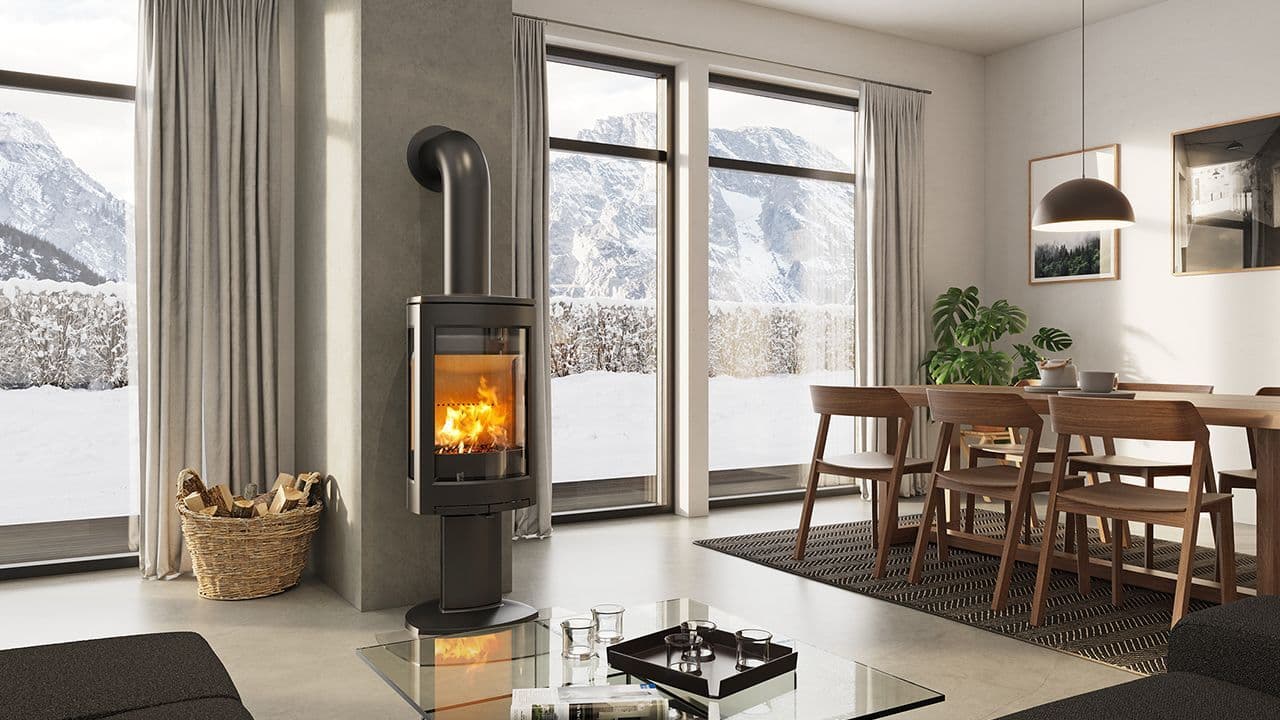 Stue med møbler og peisovn