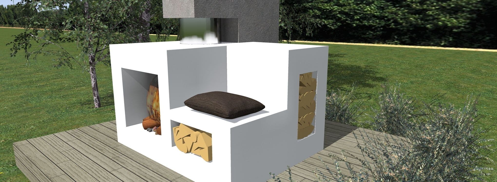 Illustrasjonsbilde av en hvitmalt utepeis med sitteplass og vedfyring.